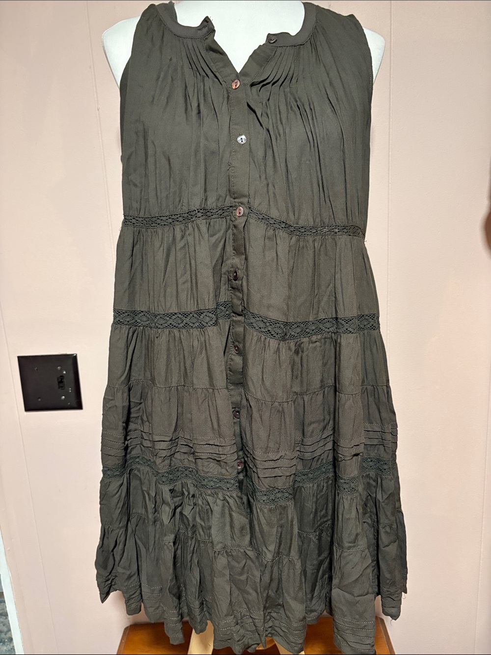 Lucky Brand Dark Olive Green Tiered Mini Dress